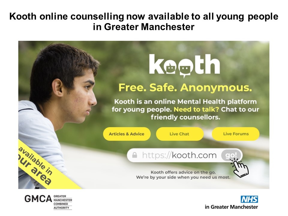 PennineCareNHS's tweet photo. Kooth is a free online counselling, mental health and wellbeing support programme available to young people (11-18) across Greater Manchester.

It has a live chat function, scheduled and drop-in counselling sessions, chat forums, crisis information &amp; more: https://t.co/glSKjmD3Yb https://t.co/Tkqc0PjZav