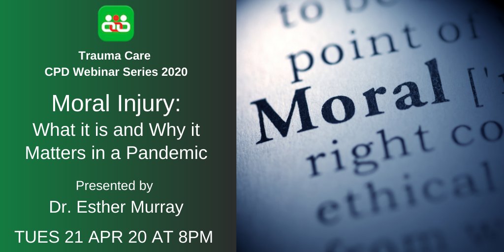 We have a great online #CPD webinar for you next week on 'Moral Injury: What it is and why it Matters in a Pandemic' by Dr. Esther Murray @EM_HealthPsych on Tues 21st April at 8pm. Click here to register: bit.ly/2V6pG1z #TRAUMACARE2020 #MoralInjury #CPDMADESIMPLE