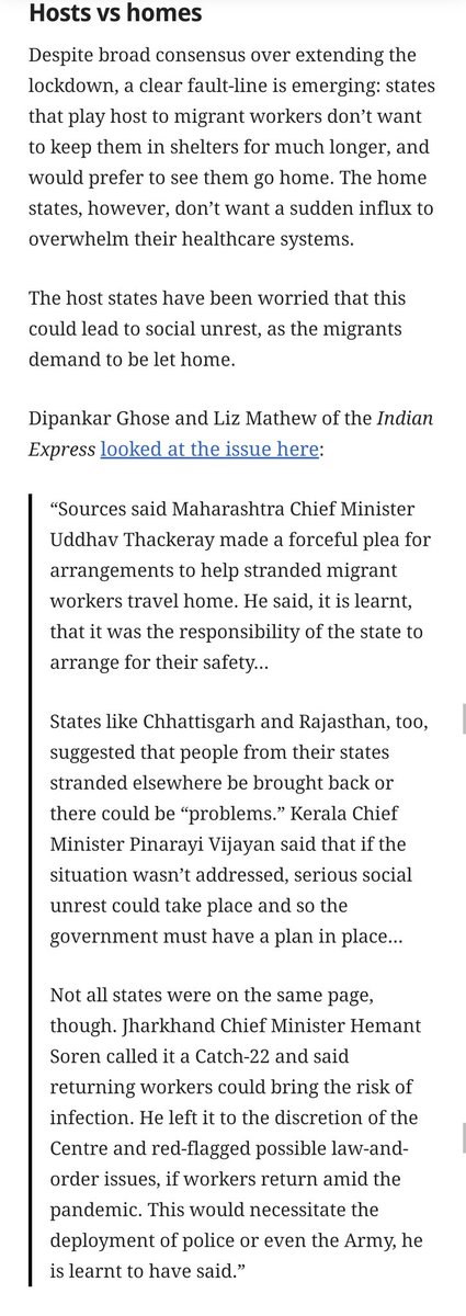 Today's protests in Maharashtra and the politicking afterwards (state blaming Centre for having no plan for migrants, BJP pointing to state failures) is a manifestation of the host states vs home states fault line we discussed on the Political Fix.  https://scroll.in/article/959016/the-political-fix-why-india-will-have-a-hard-time-navigating-its-way-out-of-the-covid-19-lockdown