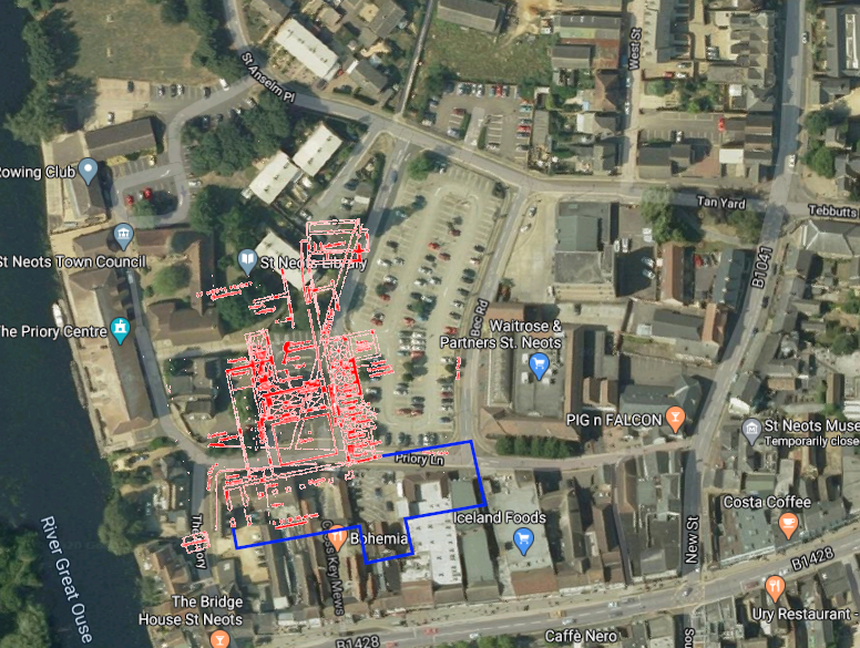 Sadly it is not a pier base of the church. It will be one of shafts for the dormer undercroft. In fact most of the church cannot be excavated, but you can tell it was pretty big. I have laid out its likely proportion in blue. Assuming an aisled choir.