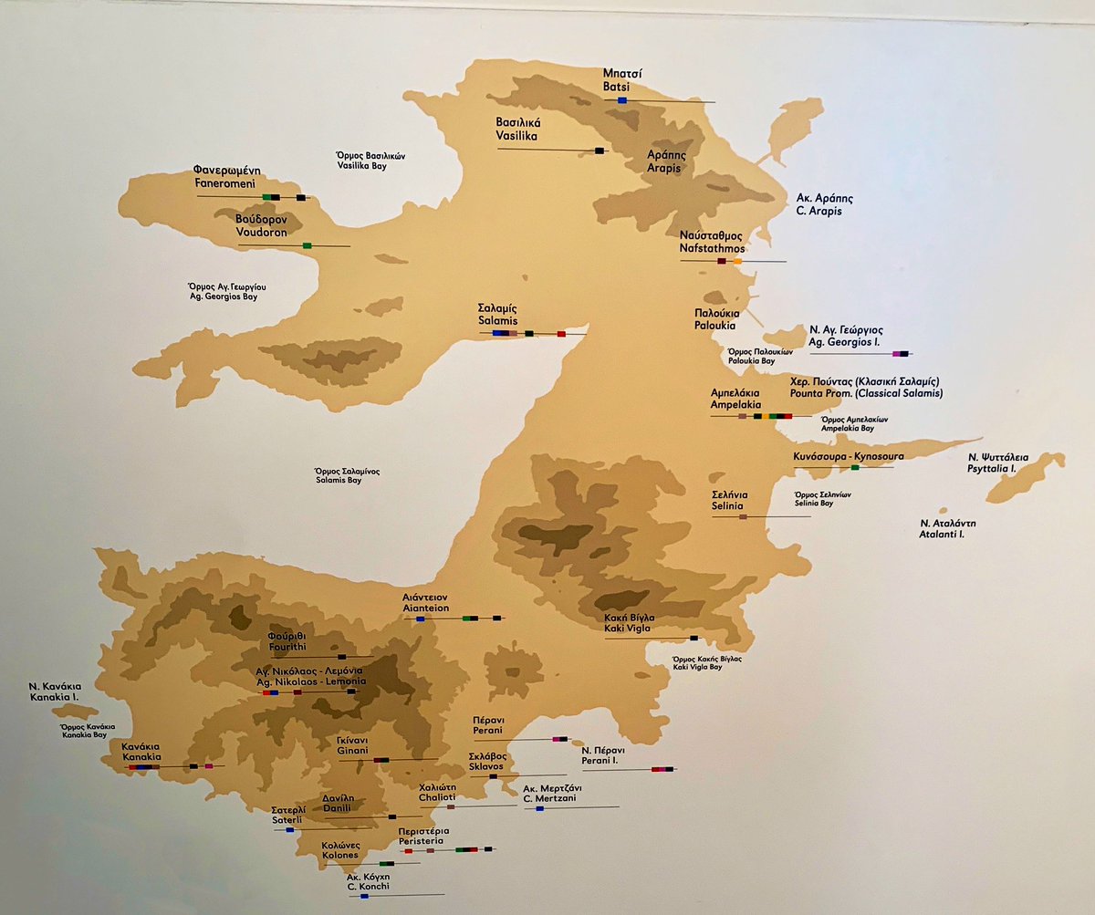 Salamis is rocky & mountainous but it has fertile strips of land and excellent ports. I love this map from the Salamis museum, showing the date ranges of sites on the island. Don’t be fooled by the big gaps, they’re more indicative of residential sprawl then settlement patterns! – at  Αρχαιολογικό Μουσείο Σαλαμίνας (Archaeological Museum of Salamis)