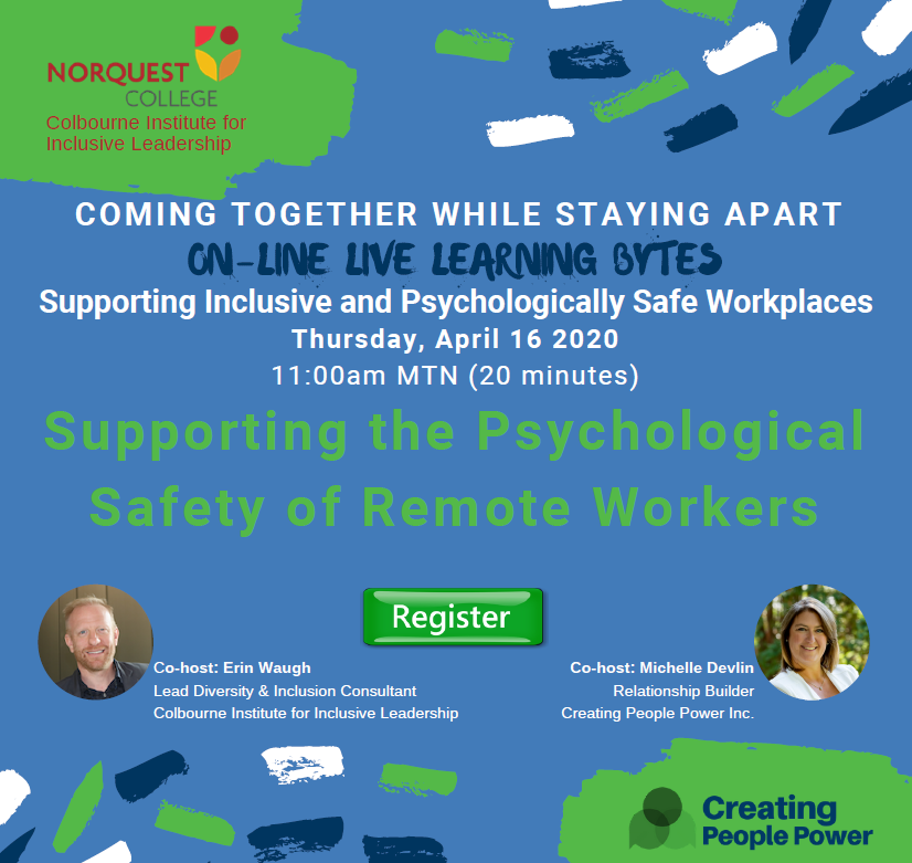 Join @michelledevlin and me for our next virtual coffee break: Supporting the Psychological Safety of Remote Workers. 
Thursday from 11-11:20am
Register here: zoom.us/webinar/regist…

#psychologicalsafety #remoteteams #workplacerespect #leadership #inclusion
