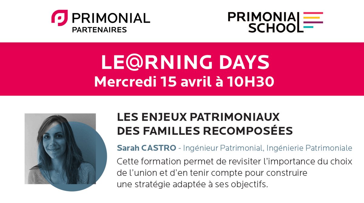 [#LearningDays] #CGP retrouvez demain à 10h30 Sarah Castro, Ingénieur patrimonial,<a href="/Primonial/">Primonial</a> pour une #formation sur « Les enjeux patrimoniaux des familles recomposées ».
Retrouvez toutes nos formations > bit.ly/3cdzmNP
Inscriptions ici > bit.ly/2UYuxC4