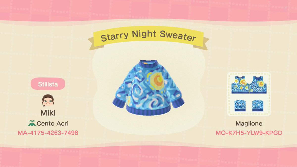 Miki_SherLoki's tweet image. For Van Gogh lovers, a Starry Night sweater! 
What do you think? I really hope you like it 🥺❤️
#ACNH  #acnhpattern #acnhcode #ACNHdesigns #AnimalCrossingNewHorizons  #AnimalCrossingDesign