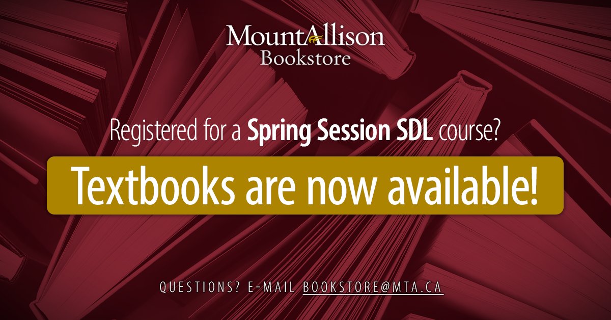 BookstoreMta's tweet photo. Registered for a Spring Session SDL course? Course materials are now available from The Bookstore website. https://t.co/GYmKrgb8fF https://t.co/AkjP0zawYz