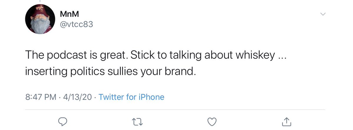 I decided to sleep on it before responding to this tweet last night.I stick to talking about whisky in the podcast, and only bring politics into it when there’s a direct impact on whisky - such as the tariff issue, and then, I keep the coverage neutral and balanced. (Thread)