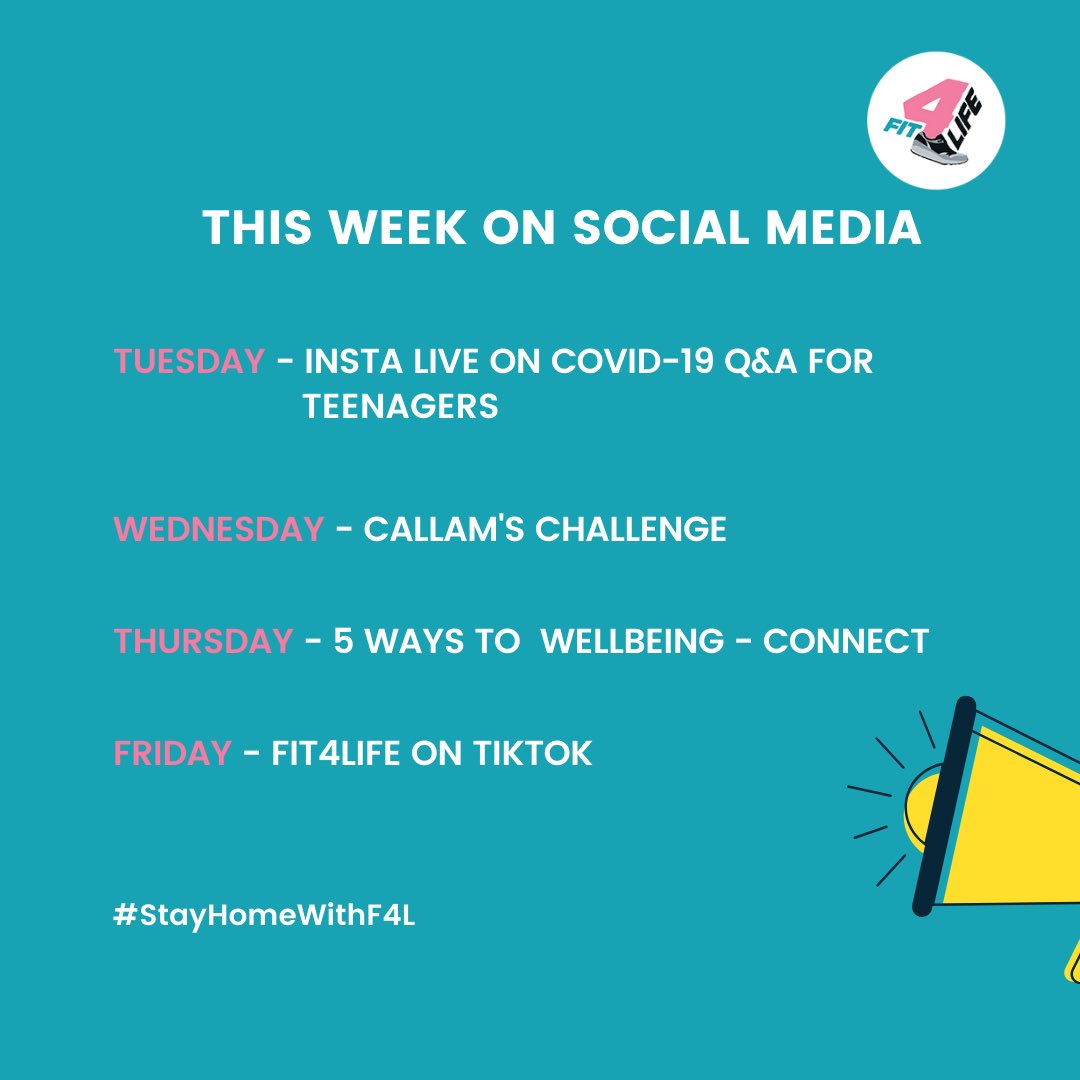 ActiveLink_'s tweet photo. This is what we have in store for you this week! We’ll be live on instagram this evening to discuss COVID-19 and how it is affecting teenagers. Next up, #ActiveLink mentor @DunneCallam will be performing a challenge. Please send us any challenge requests for Callam to try! https://t.co/U72M3qcGqp