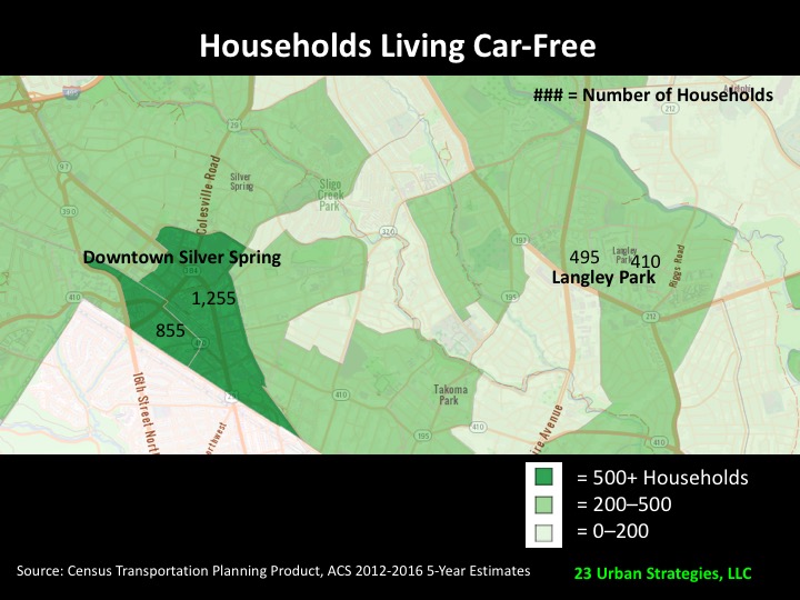 Parts of Langley Park do approach the high category for car-free living, however. (A reminder that setting analysis boundaries is always a bit arbitrary.) 6/