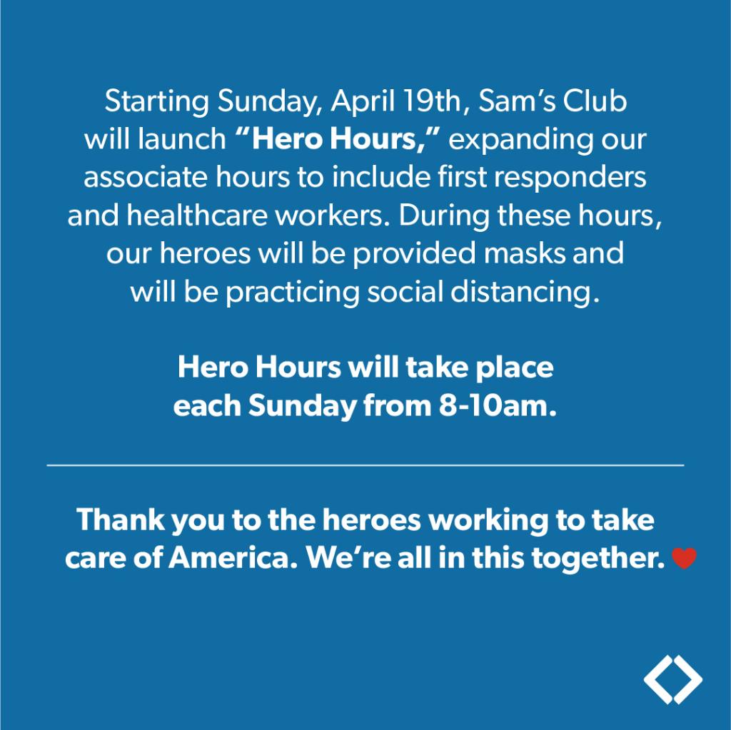 SamsClub's tweet photo. We’re proud to help the first responders and healthcare workers who help all of us. Every Sunday from 8-10 a.m. we’ll offer special hero hours nationally to help your community’s heroes do what they do best – keep you safe. https://t.co/lhTB76PbzY