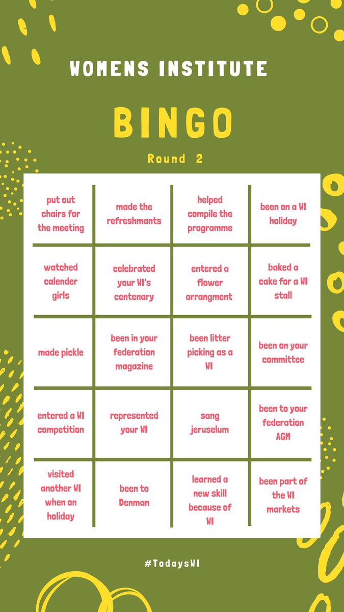 TodaysWi's tweet photo. Eyes down for two rounds of WI bingo!
Who will be the first to get a line in the race to a full house??

 #NorfolkWI #SuffolkEastWI #SuffolkWestWI #EssexWI #CambridgeWI #HampshireWI #SurreyWI #WestKentWI #EastKentWI #EastSussexWI #HuntingdonandPeterboroughWI https://t.co/ArZjq69ViG