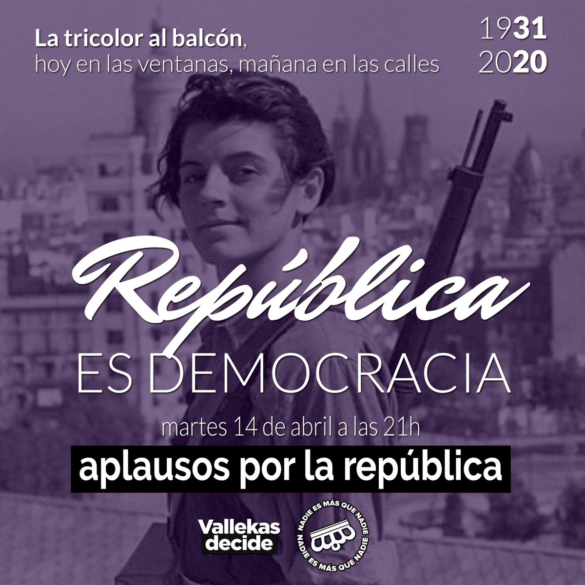 Esta noche en Vallekas aplaudimos a las 21h pro la República que llegara.
Por nuestro futuro. Un aplauso que queremos que sirva también de homenaje para todas esas personas mayores que se han ido estos días, en condiciones infrahumanas en muchos casos.