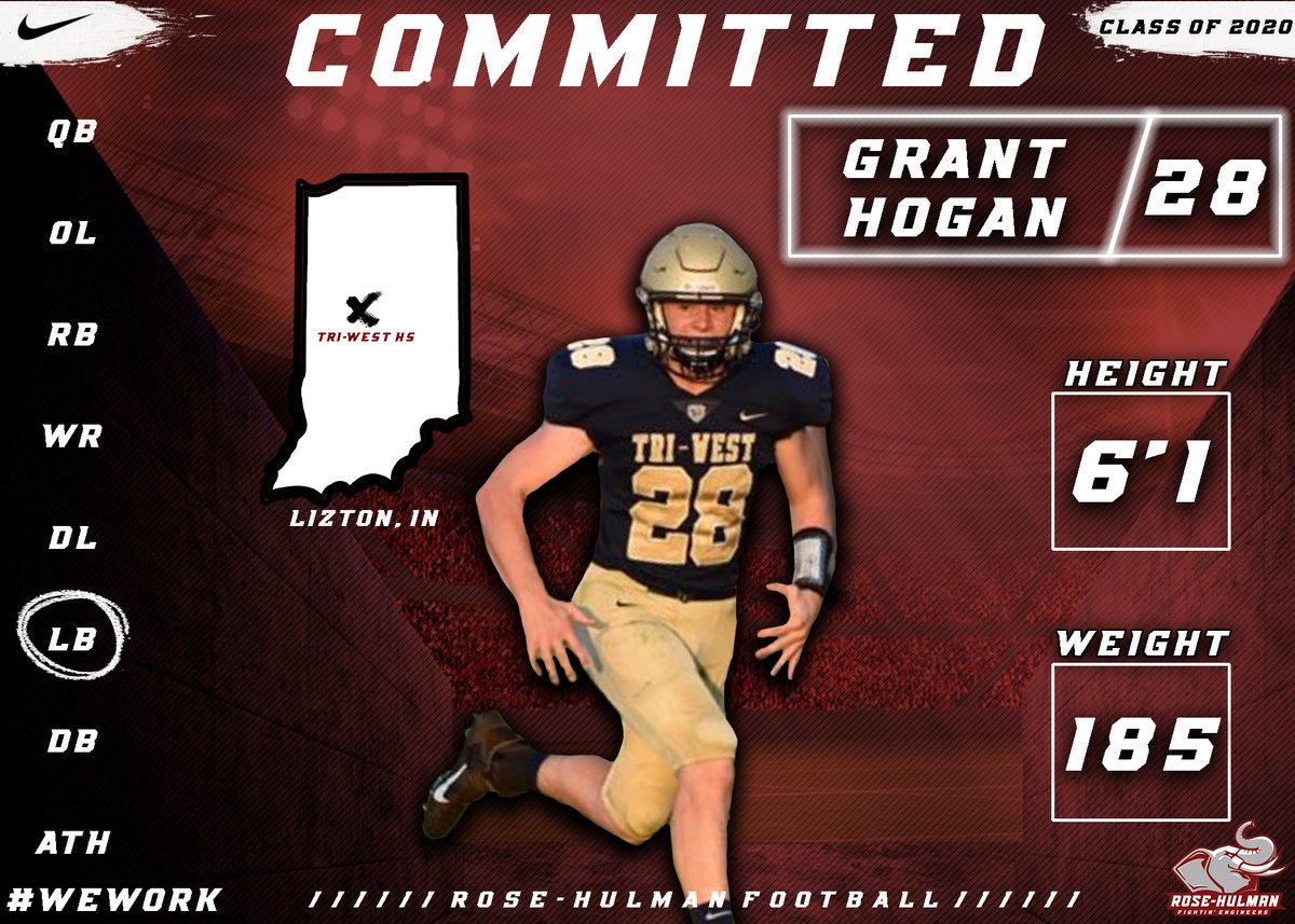 RoseHulmanFB's tweet photo. Welcome in Linebacker Grant Hogan! A talented run stopper from Tri-West High School in Lizton, Indiana! #WeWork🐘 https://t.co/yNg3hYYHFo