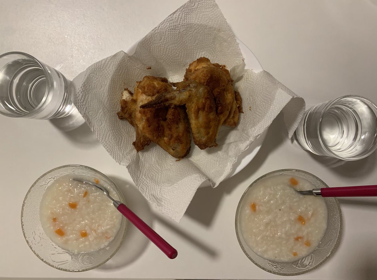 5/4/2020: Bubur nasi + ayam goreng + air suam for dinner by my lovely hubsbby 