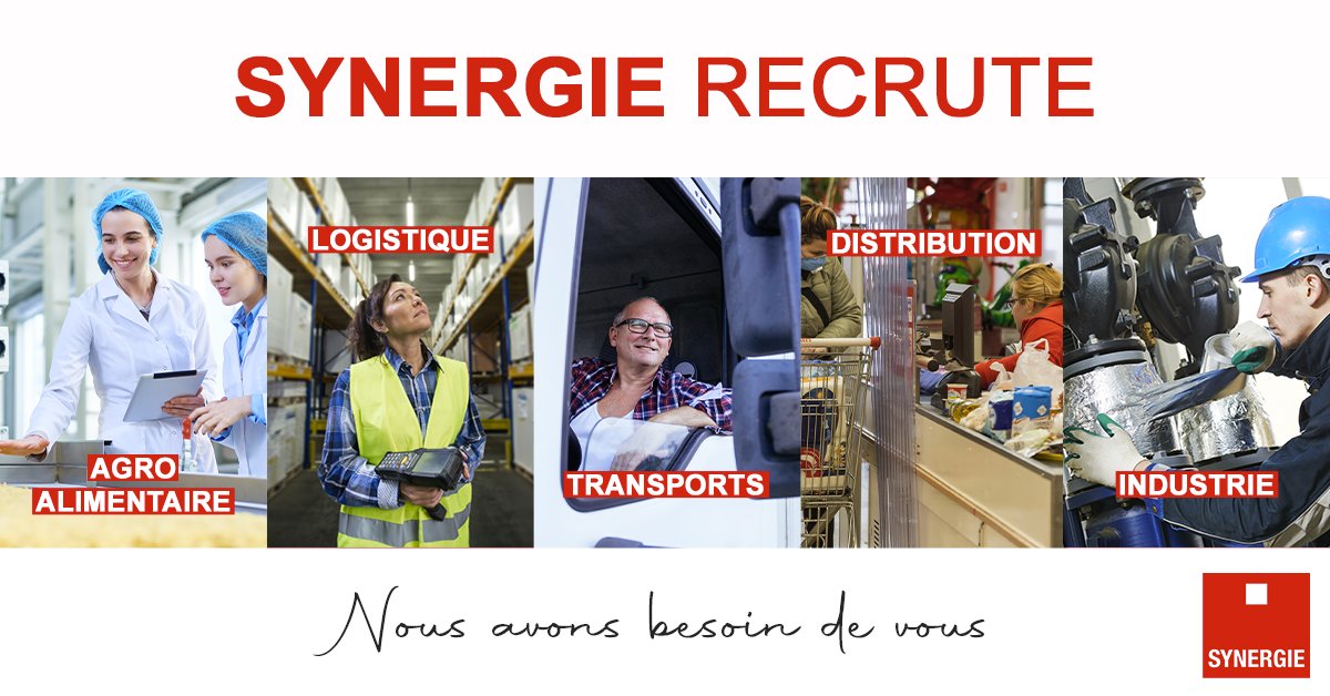 Synergie's tweet photo. #EMPLOI Synergie continue de recruter dans des secteurs indispensables à la collectivité ! 
La #logistique, l'#agroalimentaire, l'#agriculture, les #transports ou encore l'#industrie, trouvez l'offre qui vous correspond sur notre site : https://t.co/yLn7IEG2NU #SynergieNONSTOP https://t.co/YoFG4ImJw5