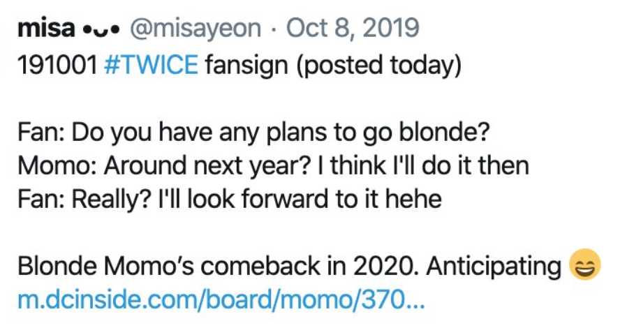 misayeon's tweet photo. She really did it 

Blonde Momo 2020 ✊😭💕 
@JYPETWICE https://t.co/eQJUAPU2EQ