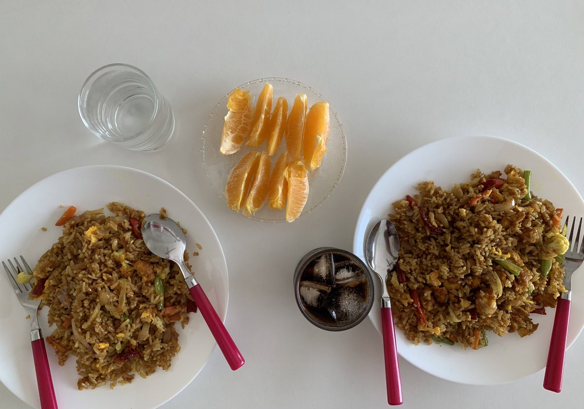 26/3/2020: Nasi goreng ayam kunyit + buah oren + air suam & air coke for lunch 
