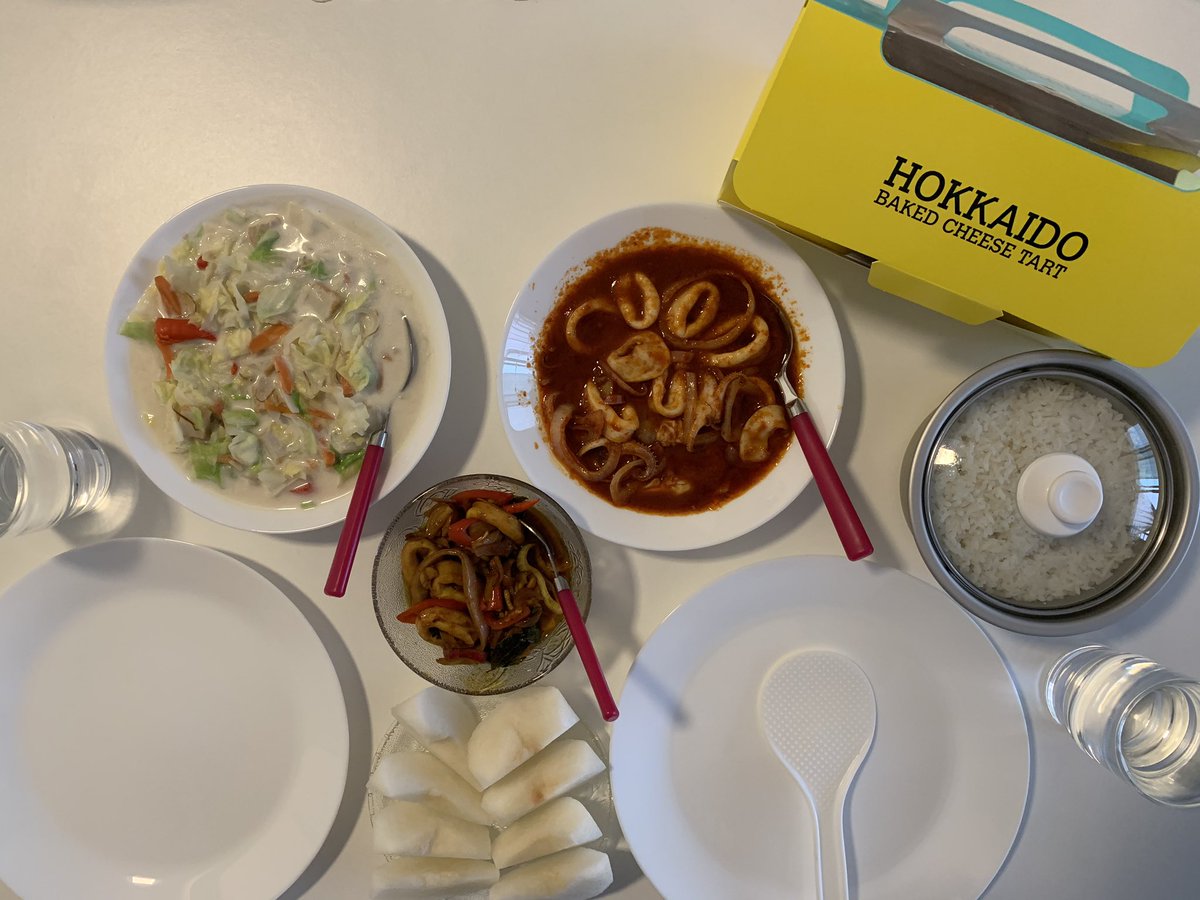 7/4/2020: Nasi + sambal sotong + sotong masak kicap kunyit + sayur kobis masak lemak + buah pear + air suam + Hokkaido cheese tarts for dinner 