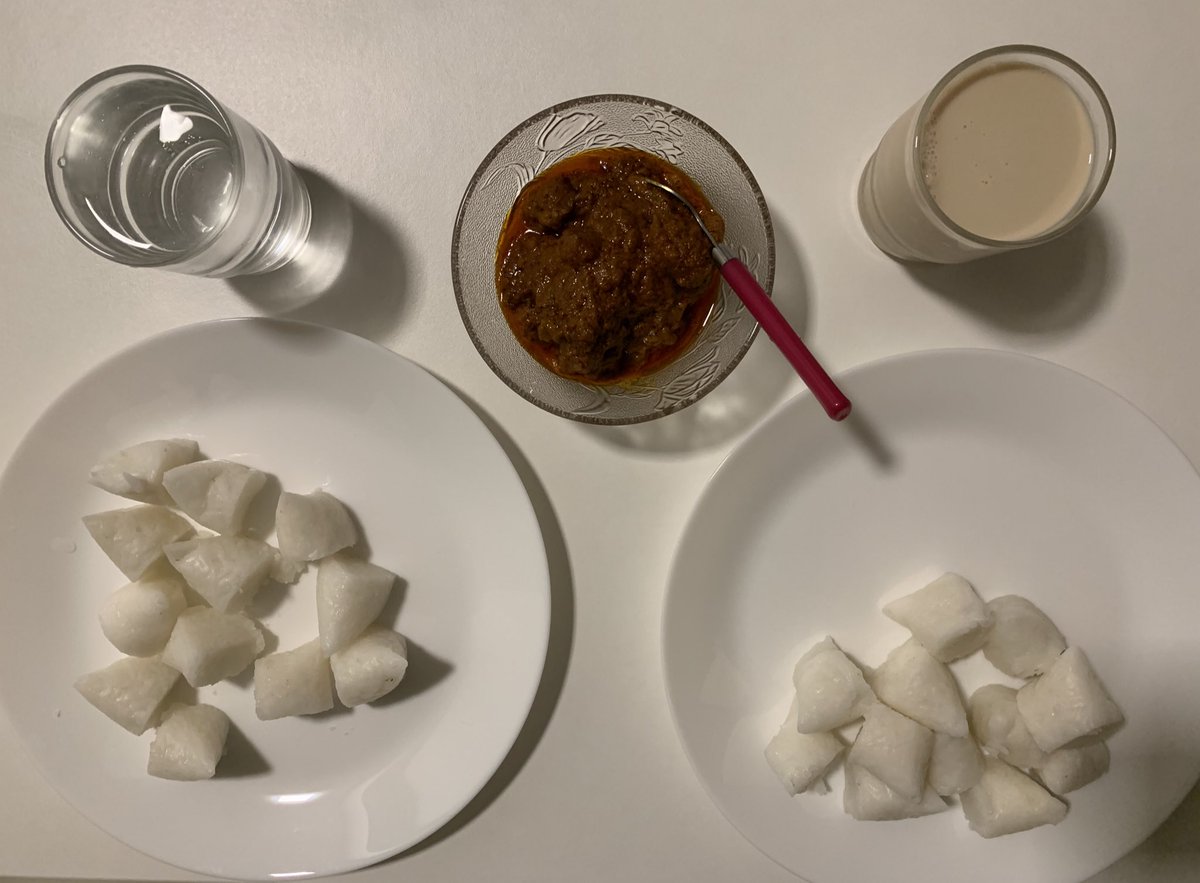 12/4/2020: Nasi impit + rendang daging + air suam & almond milk for dinner by my beloved hubsbby 