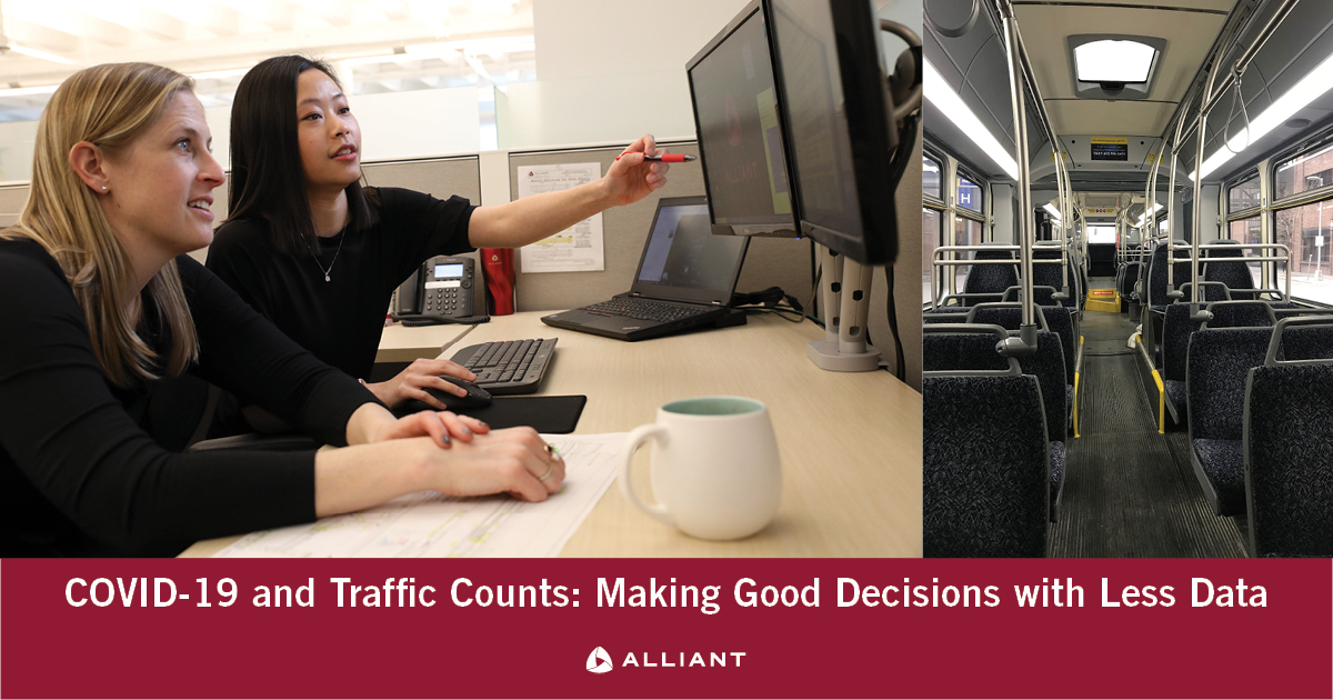 AlliantInc's tweet photo. Traffic is down as much as 70% due to the COVID-19 pandemic and our go-to data source – field traffic counts – is not available. Learn about our strategies for practicing sound engineering and keeping projects going. 
https://t.co/Fo2SgUtEbC https://t.co/1CgVTYtyud
