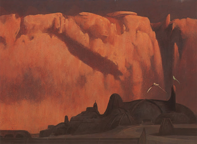 Also for those who start the war on designs being too close to SW. Dune the illustrated book. Art by John Schoenherr since first publications from 1965 to 1978. It is actually the way around. Dune was one of the visual inspirations for Tatooine.