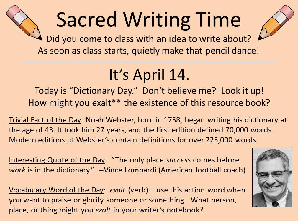 WritingFix's tweet image. Happy #Dictionary Day! If I was in the dictionary, I think I'd be a #verb.  You?

A writing warm-up slide, an idea for a writing task, and a prompt for K-5 writers are available every day this month at our website homepage: corbettharrison.com

#AlwaysWrite #BetterTogether