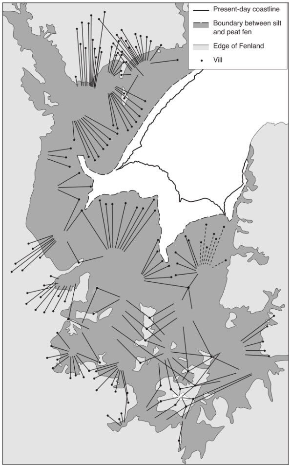 4. Their cattle fed on fen pastures exploited under common rights. You can see the commons on the map: the heads of the pins are the medieval villages & the sharp ends are the commons, each exclusively grazed by cattle belonging to men w/ common rights in each group of villages