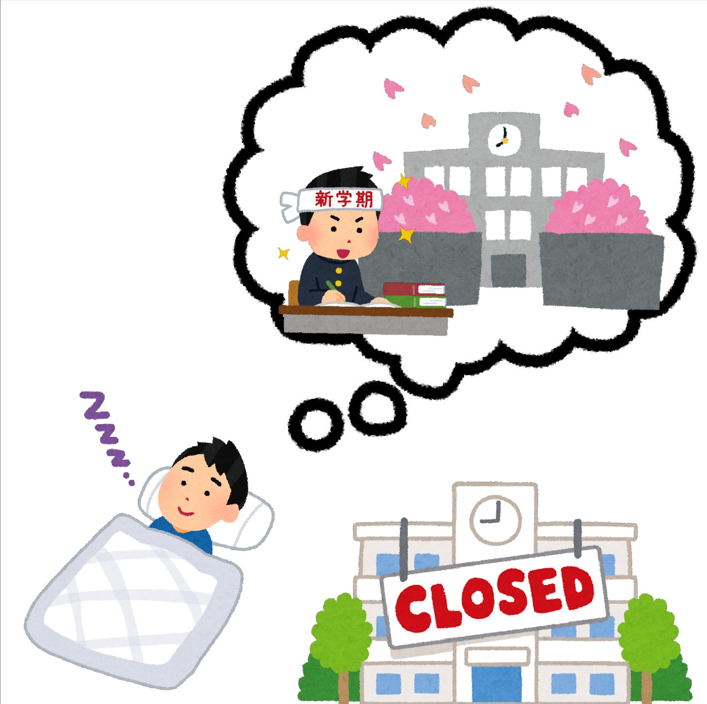 まいチクをいらすとやで再現 Dayukoume 再現難易度 使ったイラスト 5枚 ふきだしのイラスト 新学期のイラスト 桜吹雪の校門 新学期にやる気に溢れる学生のイラスト 男子 目を開けて寝る人のイラスト 男性 学級閉鎖のイラスト まいにちチクショー
