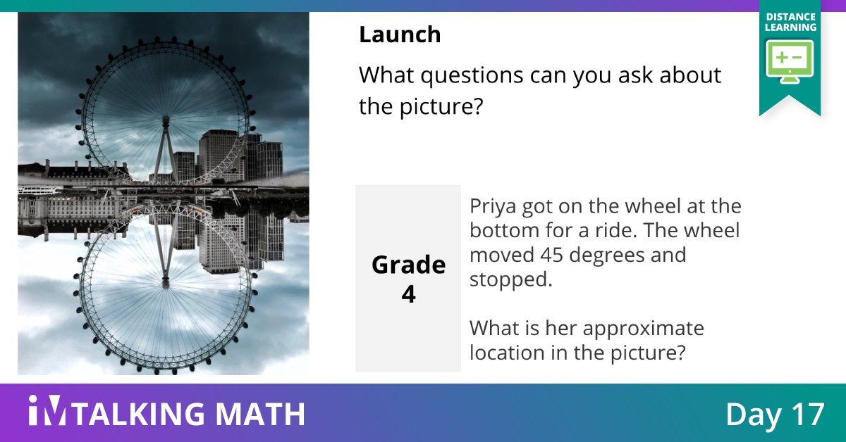 #IMTalkingMath Day 17 prompt is available here: ow.ly/ojWf50zbShT. What questions can you ask about the picture? Then click for math discussion questions for every grade K–5, and share your experiences or photos using the hashtag #IMTalkingMath