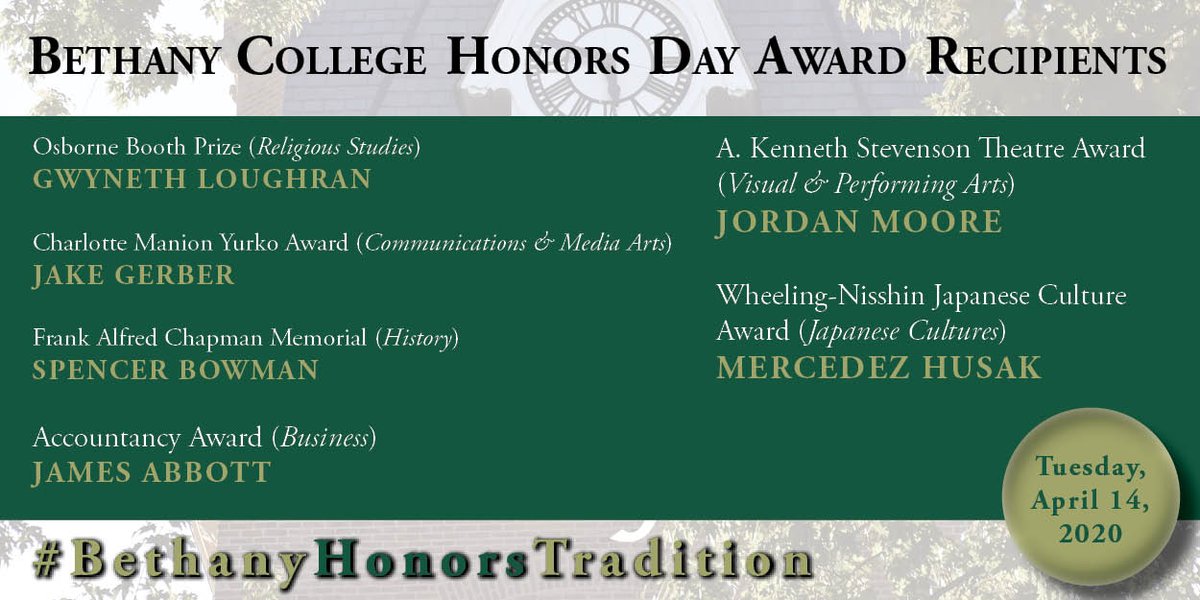 Congratulations to the first round of Honors Day award recipients! As we launch Bethany College's virtual Honors celebration, you can use this program to follow along with the announcement schedule: bethanywv.edu/about-bethany/… #BethanyHonorsTradition #ONEBethany