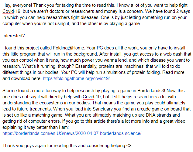 TeamSparkCloud's tweet photo. If you have a second and would like to help #Covid_19 Research please read this #covid19 #research #publichealth #discovery #medicine #computers #Borderlands3 #Science #ScienceFromHome #foldingathome @kasey3dsparks @Stormecloudart 
https://t.co/A7lL9o9WpV
https://t.co/qZodbIhScV https://t.co/I1MSj74PI4