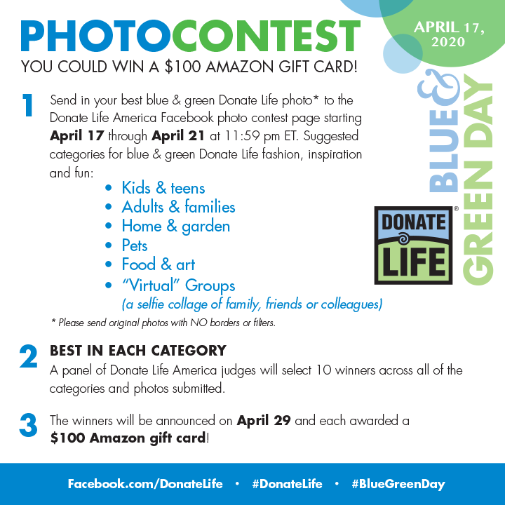 National Blue &amp; Green Day is THIS Friday! While we cannot celebrate together, we can create awareness for the mission of donation by staying #virtuallyconnected. Submit your photos to the national contest below and don't forget to tag us! 
#NDLM2020 #BlueandGreenDay #DonateLifeSC