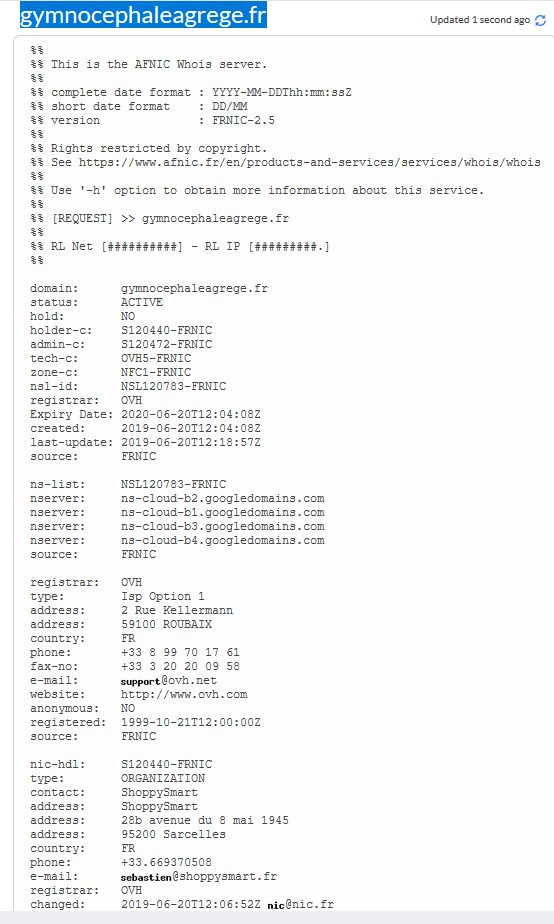 15/ here we have a new website gymnocephaleagrege[.]fr and a new address, confirmed by the WHOIS: