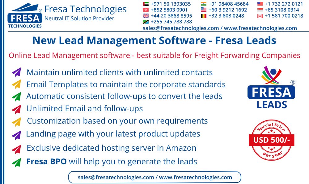 fresatechnology's tweet photo. New Lead Management Software - Fresa Leads

Online Lead Management software - best suitable for Freight Forwarding Companies 

Read More>> https://t.co/VPM8PkGbVq

#fresa_technologies
#fresa
#Lead_management
#Best_Freight_forwarding_software_in_India https://t.co/98L7lsU7os
