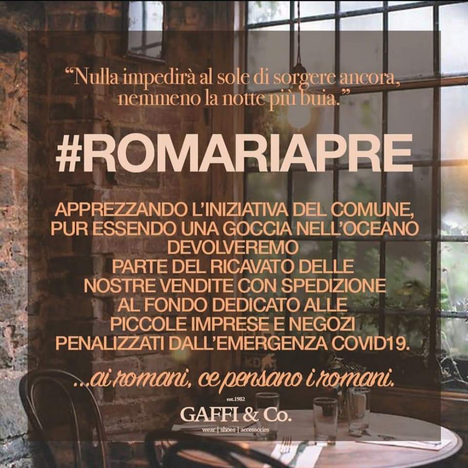 corisperoma's tweet photo. #GAFFI1982 è il nostro terzo ospite della rubrica #amanoamano.
 Abbracciando l’iniziativa #RomaRiapre, il marchio ha deciso di devolvere parte del ricavato delle vendite per contribuire alla raccolta fondi da destinare alle piccole imprese e ai negozi penalizzati dal #COVID19 https://t.co/JAl07QE93S