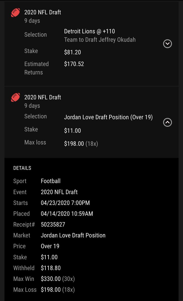 Adding lions to draft Okudah and points betting Jordan Love’s over. Every pick he goes after 19, I get 11 dollars, every pick before I lose 11. Max loss 198, max win 330.