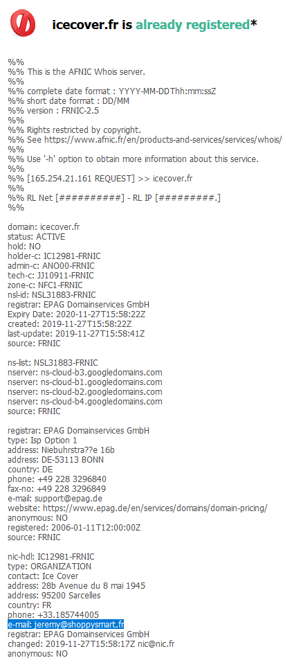 8/ The result of the WHOIS confirm that icecover has been registered by Shoppy Smart