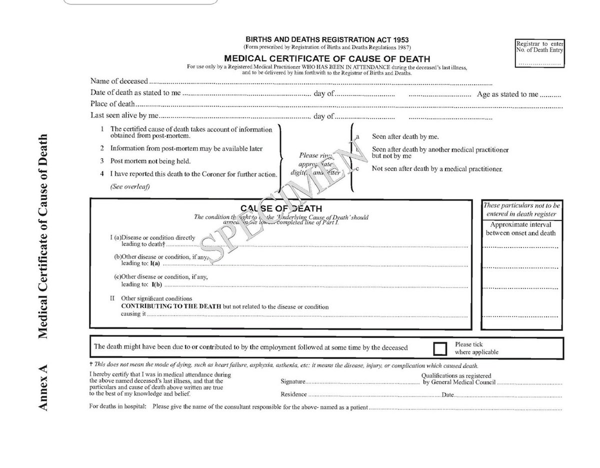 KeaneMJ's tweet image. I suspect most of the public are unaware of how deaths are classified. The initial death certificate looks like this. In the case of #COVID19 deaths, the immediate cause might be peneumonia with Covid 19 as a factor. They end up getting coded using ICD 10 codes.