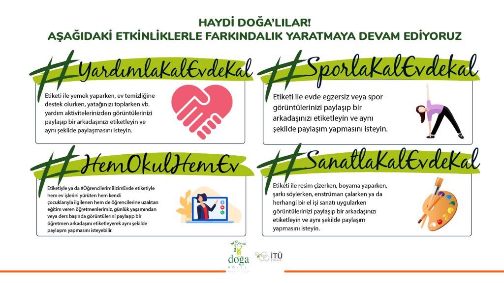 Haydi Doğa’lılar farkındalık yaratmaya devam ediyoruz!
Seçeceğiniz hashtag ile etkinliklerinizi <a href="/DogaOkullari/">Doğa Koleji</a> hesabımızı etiketleyerek paylaşabilir, bir arkadaşınızdan da aynısını yapmasını isteyebilirsiniz. 😉 Evde olmanın eğlencesi de bir başka...🏡 
#DoğamEvimde #EvdeKal