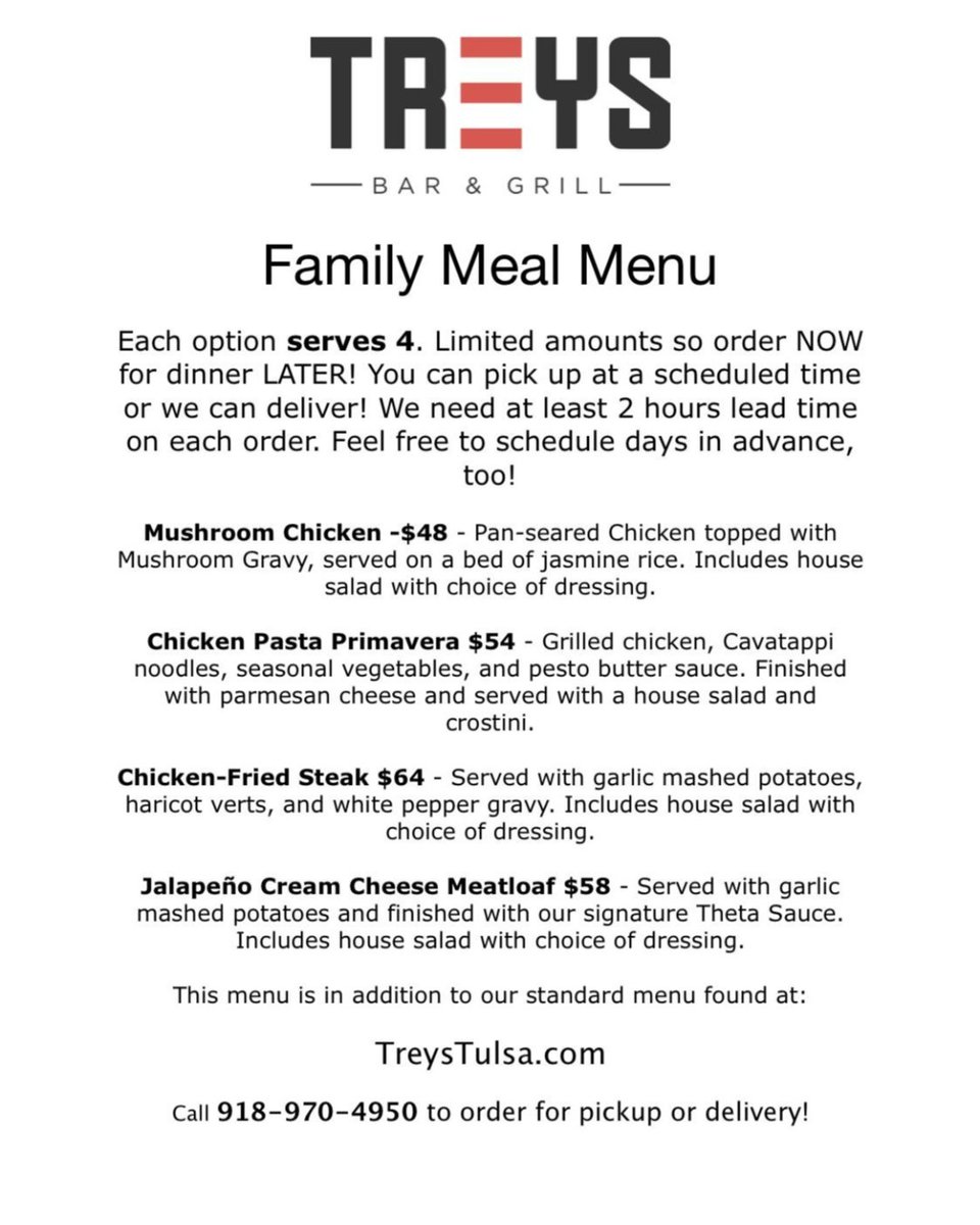 VineonMemorial's tweet photo. Family meals now available at Treys! Order online at https://t.co/iNU2Dk2FTR the for call 918-970-4950 to order! https://t.co/OZm8LpV2te