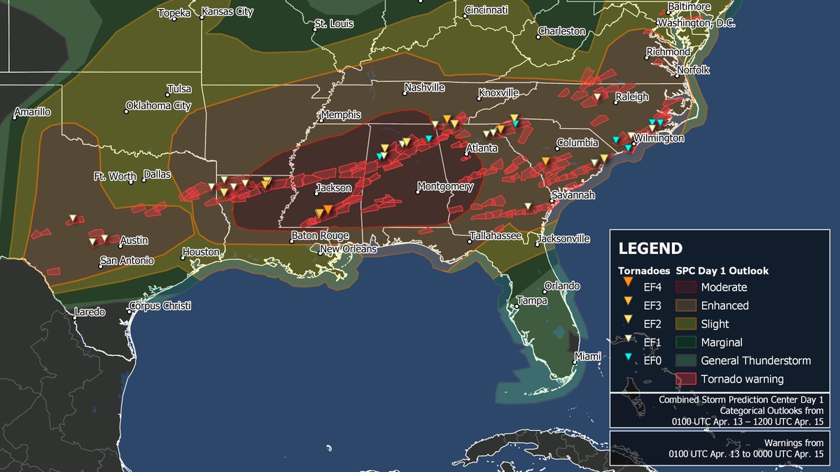 KeraunosObs's tweet photo. 43 #tornades ont été confirmées (intensité max provisoire EF4) aux #USA pour les journées des 12 et 13 avril. Sur le bilan de 33 personnes décédées, 4 ont été tuées par des phénomènes non tornadiques. https://t.co/H7QKwS4MpQ