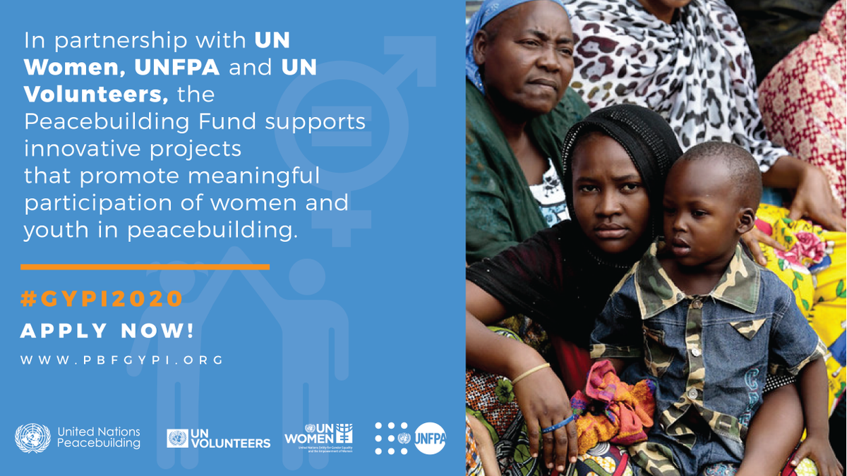 UNPeacebuilding's tweet photo. In partnership with
@UN_Women
@UNFPA and
@UNVolunteers
@UN SG's Peacebuilding Fund scaled up innovative projects promoting meaningful participation of women and youth in peacebuilding.
#GYPI2020 https://t.co/m5G0JARvBx