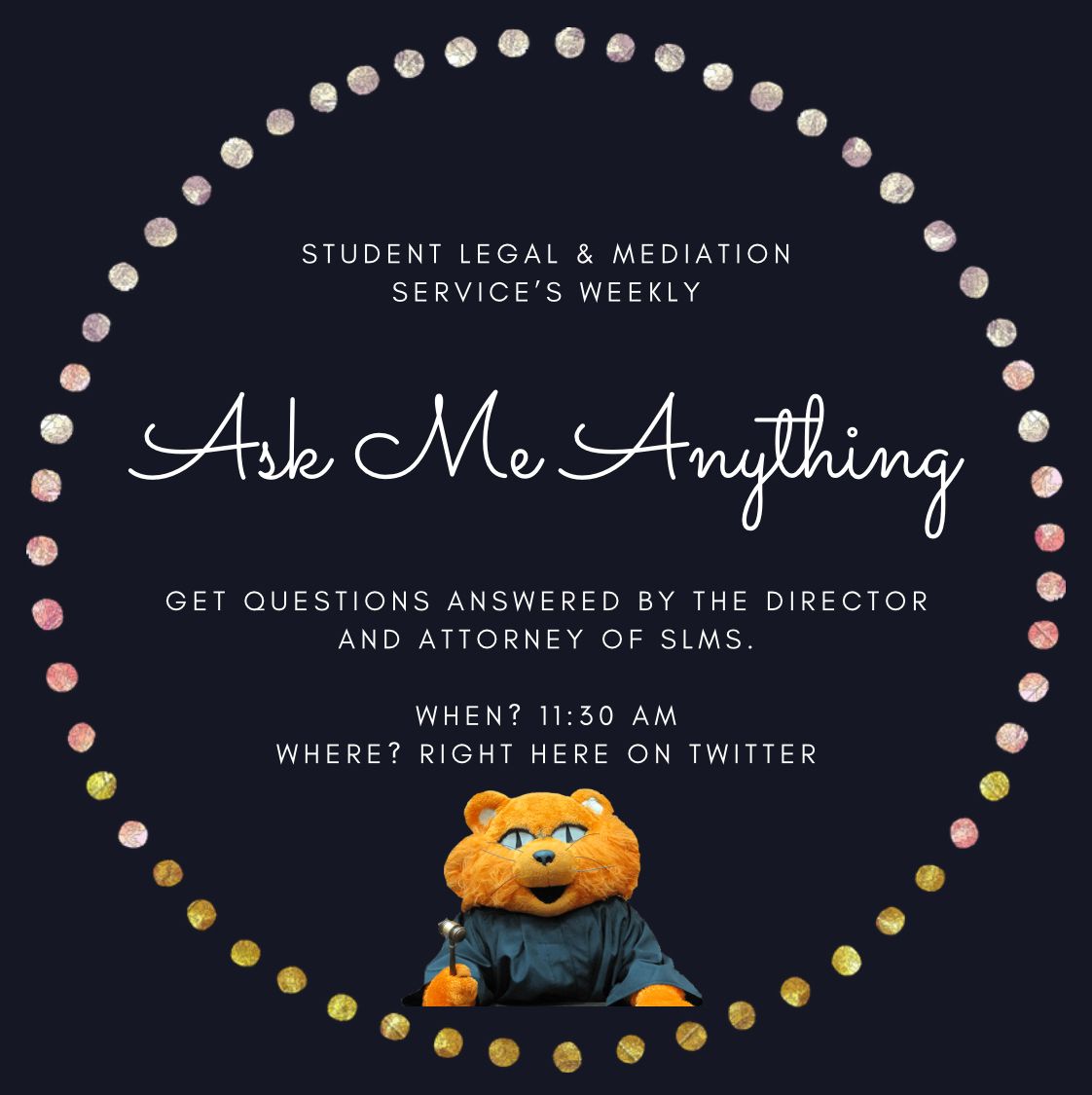 SHSUSLMS's tweet photo. Do you have your questions ready? 1 hour until our #AskSLMS begins! If you have a question about law school, leases, creating a will, or obtaining a background report now is your chance! Just use our hashtag with your question at 11:30! We hope to hear from you, Bearkats! #slms https://t.co/Fow0WZSFf8