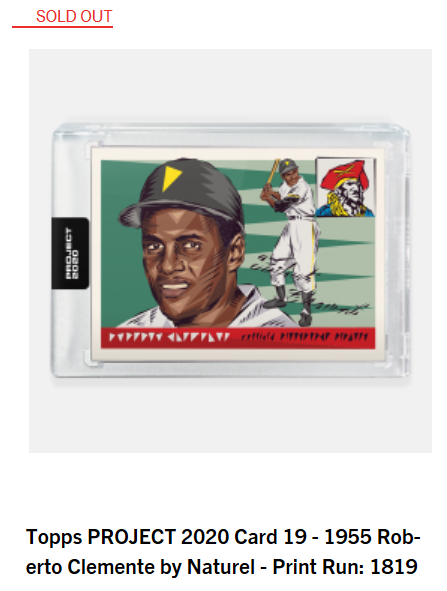 Print runs for Day 10 of  #ToppsProject2020#19 Roberto Clemente by Naturel - 1,819#20 Cal Ripken Jr. by Jacob Rochester - 1,576