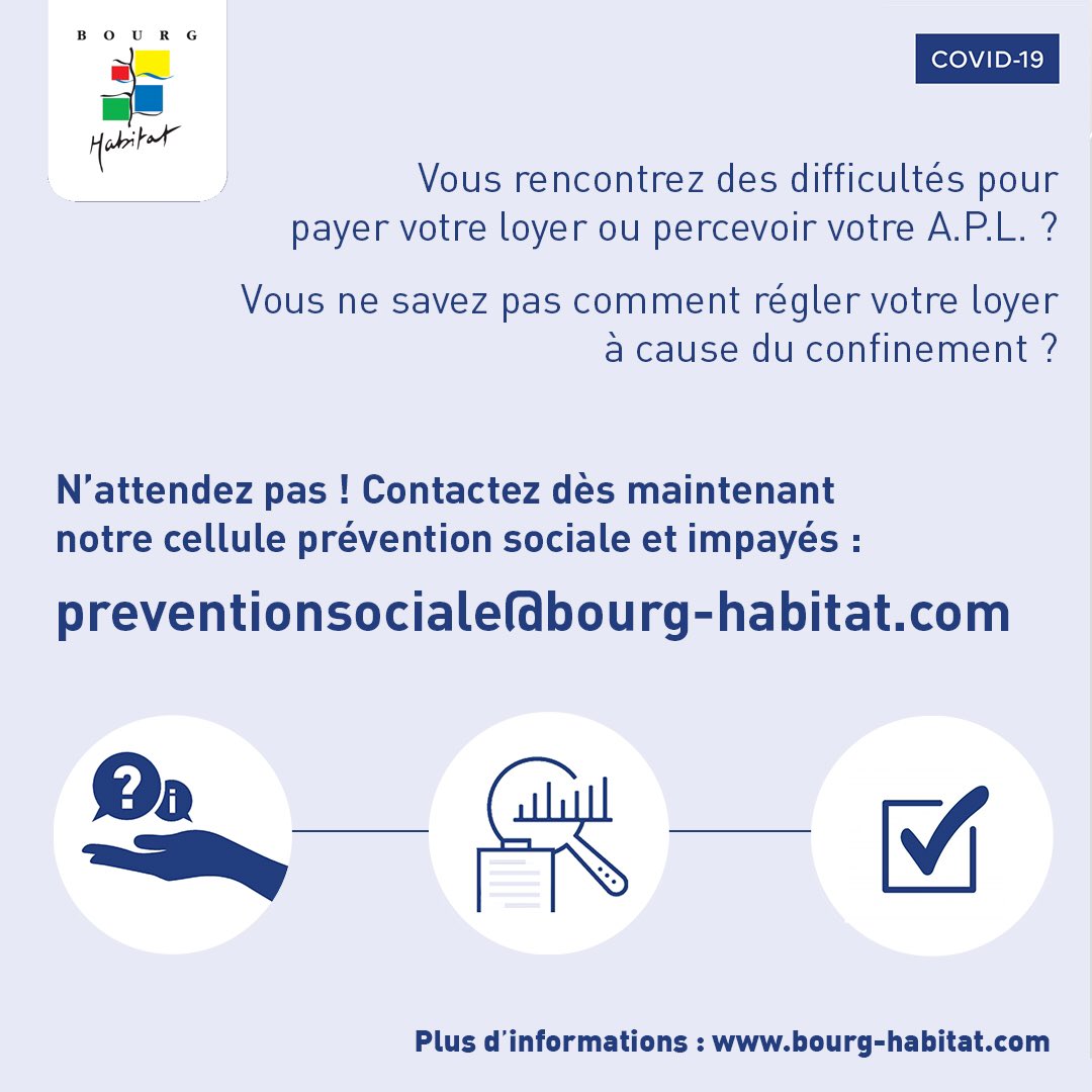Le #covid19 a des impacts sur les revenus de certains de nos locataires. Pour les accompagner, Bourg Habitat lance une cellule dédiée. Plus d’infos : bourg-habitat.com/actualites/272…

#accompagnement #prevention #ecoute #solidarite #logementsocial #leshlmsemobilisent #bourgenbresse