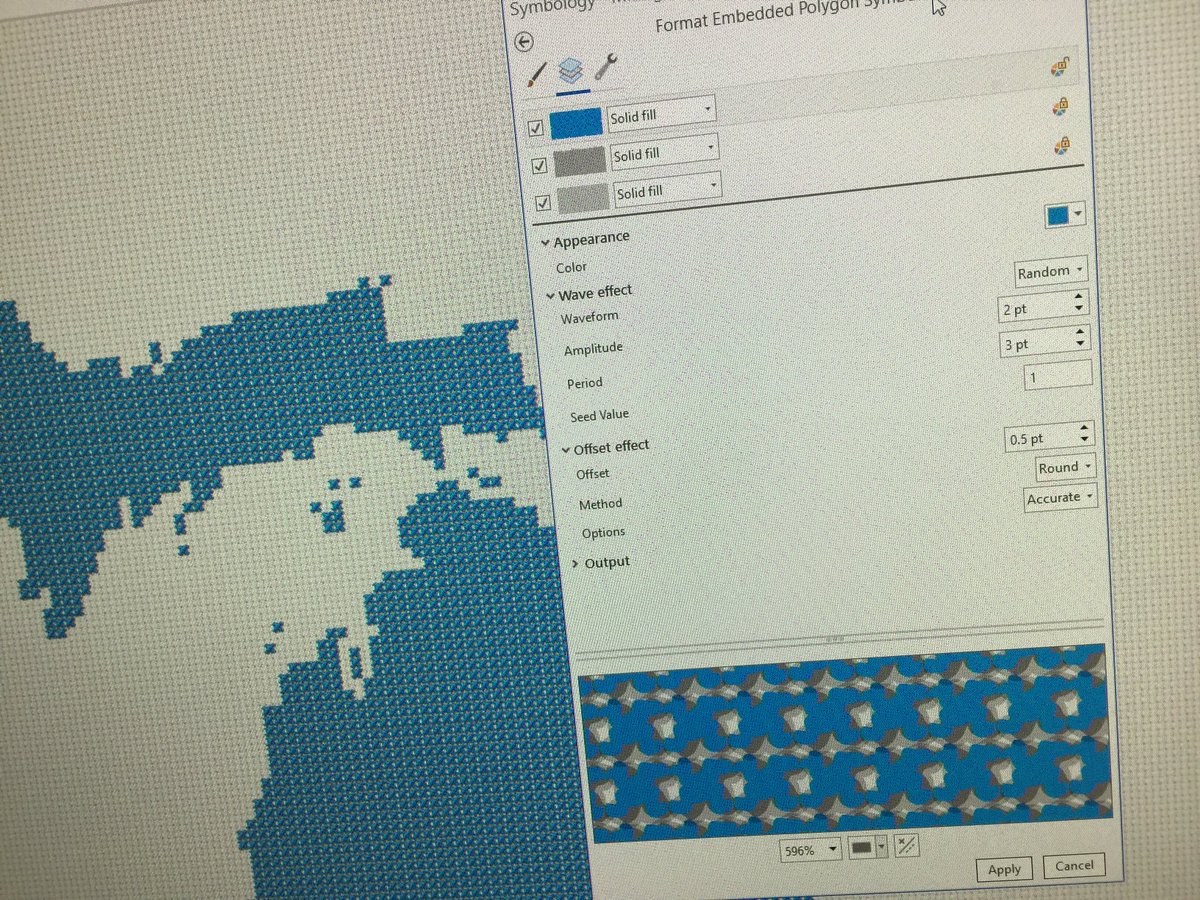 I’ll fill out the style and share it later. In the meantime here’s a look behind the stitches. Two symbol layers. One a “+” unlocked-color graphic with some wiggle and some copies for shade. Topmost layer is some light/dark lines with wiggle, rotation, and offsets to add depth.