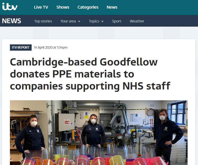 Goodfellowltd's tweet photo. Cambridge-based Goodfellow donates PPE materials to companies supporting NHS staff. View our latest news story featured on ITV 👉https://t.co/cVVRUa9GuQ @itvnews #COVID #PPEforNHS #NHS #StaySafe https://t.co/B2OLcI4qxK