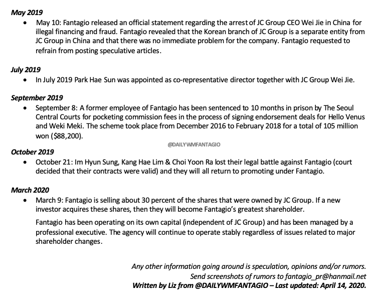 DAILYWMFANTAGIO's tweet photo. [#WMENTFANTAGIO] 200414
Timeline about #Fantagio’s management crisis from 2016 until 2020 by Liz from DAILYWMFANTAGIO. Take out with full credits! https://t.co/cIffFgiSRl