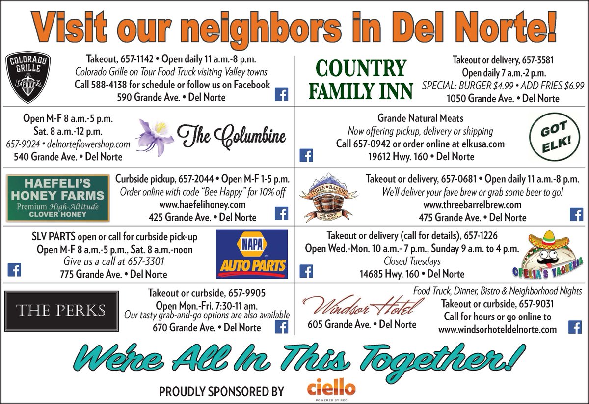 SLVREC's tweet photo. Take time to support our neighbors in Del Norte! We're all in this together! #SupportLocal #SLVStrong #DoingMyPartCO #OpeninColorado https://t.co/wgWbBZLFU8