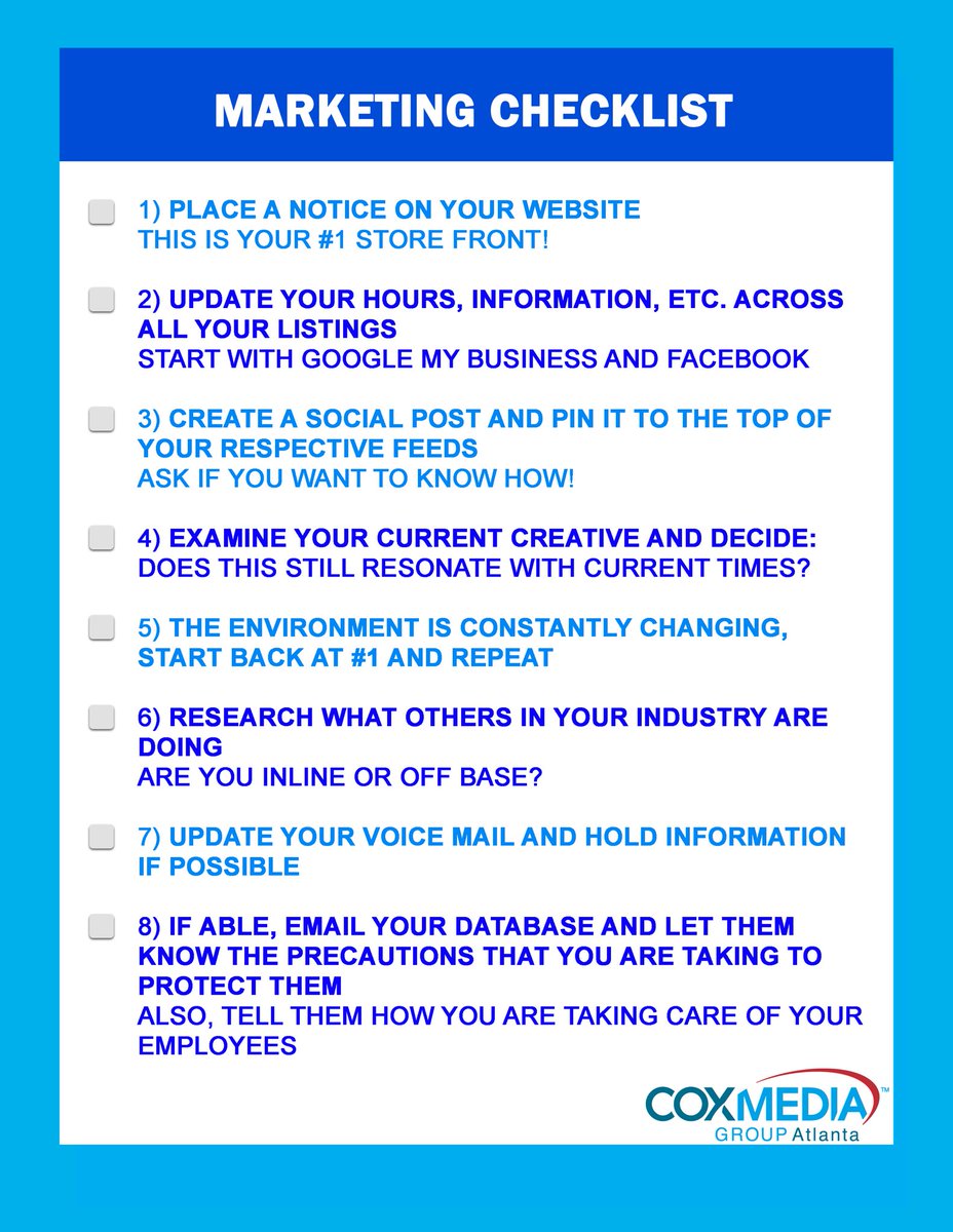 Pivot. Don’t panic! Use our marketing checklist to make sure your marketing is timely, appropriate, and up to date.