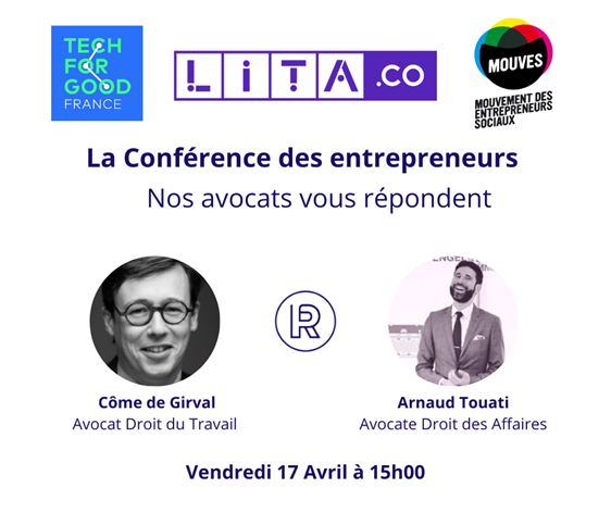 // 🤝 RDV ce vendredi pour un webinaire #juridique !
En ces temps difficiles, Lita.co, @Mouves_ES, #TechForGood France &amp; Robin décident d'aider les #entrepreneurs en leur proposant une assistance juridique gratuite.
👉 Inscriptions :
app.livestorm.co/robin/entrepre…